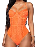 Kaei&Shi Front Double Strap See Through Lingerie,V-Neck Floral Lace Babydoll,Sexy Lingerie for Women,One Piece Bodysuit Plus Size Orange 3X-Large