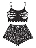 WDIRARA Women's Sleepwear Skull Print Strap Pajama Set Cami and Shorts Black Bow L