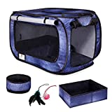 CHEERING PET, Cat Travel Cage, Portable Cat Condo, Collapsible Litter Box, Foldable Feeding Bowl, Hanging Feather Teaser and Ball, Carrying Bag, Extra Large 32" X 19" X 19" (Denim)