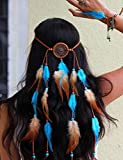 Jumwrit Bohemian Dreamcatcher Feather Headband Indian Gypsy Headpiece with Blue and Brown Feather Tassel Elastic Band Beaded Hairband Hippie Costume Accessories for Women and Girls