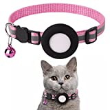 Airtag Cat Collar, Air tag Cat Collar with Bell and Safety Buckle in 3/8" Width, Reflective Collar with Waterproof Airtag Holder Compatible with Apple Airtag for Cat Dog Kitten Puppy (Pink)