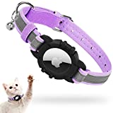 Reflective AirTag Cat Collar, FEEYAR Integrated Apple Air Tag Cat Collar, Leather GPS Cat Collar with AirTag Holder and Bell [Purple], Tracker Cat Collars for Girl Boy Cats, Kittens and Puppies