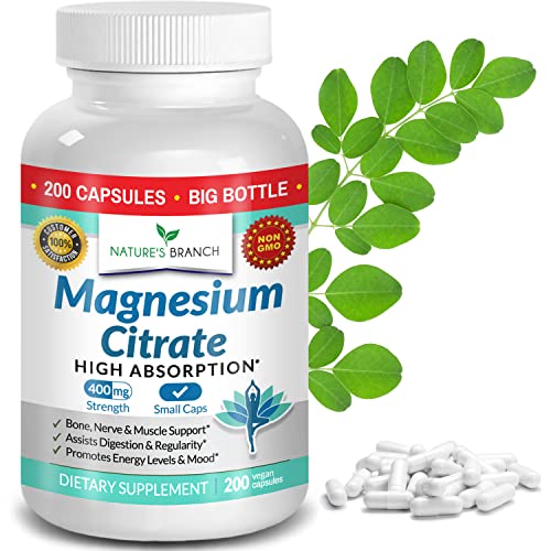 Magnesium Citrate 400mg - 200 Capsules - High Potency for Sleep, Leg Cramps, Extra Strength Absorption, Easy to Swallow Pills for Women & Men, Vegan Supplement Not Tablets - Made in USA