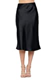 Women Solid High Waist Silky Casual Elastic Satin Midi Skirt - Made in USA (Medium, Black)