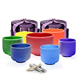 TOPFUND 432Hz Chakra Set of 7 Colored Crystal Singing Bowls 6-12 inch with Heavy Duty Carrying Cases and Singing Bowl Mallet Suede Strikers