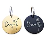 Engraving Pet ID Tags, Personalized Pet ID Tags Birth Flower, Stainless Steel Pet ID Tags, Custom Engraved Dog and Cat Tags, Double Sided, Round Stainless Steel