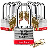 Lion Locks 12 Keyed-Alike Padlocks w/ 2 Long Shackle, 24 Keys, Hardened Steel Case, Pick Resistant Brass Pin Cylinder (12-Pack) for Hasp Latch, Shed, Fence, Gate Chain, Cable, Locker Lock, Gym Door