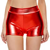 Kepblom Womens Metallic Booty Shorts High Waisted Shiny Rave Bottoms for Dance Festival Costumes, Red, M