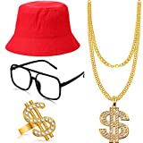 Hip Hop Costume Kit Bucket Hat Sunglasses Gold Chain Ring 80s/90s Rapper Accessories (Red)