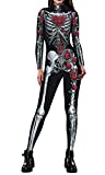 Women Halloween Skeleton Costume 3D Bone Rose Print Long Sleeve Catsuit Jumpsuit Bodysuits for Women Halloween M