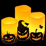 DRomance Flickering Flameless Candles Battery Operated with 6 Hour Timer, Set of 3 Orange Real Wax LED Pillar Candles Spooky Pumpkin Face Decal Halloween Decor Candles(3 x 4, 5, 6 Inches)