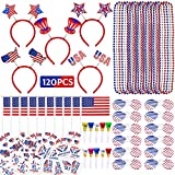 MOVINPE 120 Pcs Patriotic Party Favors, 4th of July Accessories Headbands, Shutter Shades Glasses, Beaded Necklaces, Hand Held USA Flags, Musical Blow Outs, Temporary Tattoos Parades Giveaways