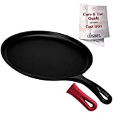 Cast Iron Round Griddle - 10.5-Inch Crepe Maker Pan + Silicone Handle Cover - Pre-Seasoned Comal for Tortillas Flat Skillet - Dosa Tawa Roti Grill - Oven, Stovetop, BBQ, Fire, Smoker, Induction Safe