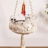 Hanging Macrame Cat Hammock Bed, Cat Swing Bed Space Saving Window Perch with Washed Cotton Mat & Funny Cat Toy for Indoor Cats