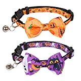 ADOGGYGO Halloween Cat Collars with Bow Bell, Breakaway Cat Collar with Bowtie Pumpkin Ghost Cat Kitten Collar for Girl Boy Cats Kittens (Yellow & Purple)