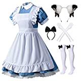 Japanese Anime 6Pcs Lolita French Maid Apron Fancy Dress Cosplay Costume Gloves Headwear Socks Set(Blue Plus Size 4XL)