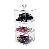 BLVRYVIO Hair Accessories Organizer for Girls, Bathroom Containers for Headband, Bows,Hair Tie,Hair Tools,Scrunchie,Cotton Swab Organization, Clear 3 Stackable Acrylic Holder with Lids for Organizing