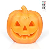 Halloween LED Jack-O-Lantern Face Pumpkin Lights Battery Operated with Remote, Pumpkin Shaped Halloween Flameless Real Wax Flickering Candle with Timer for Halloween Home Table Centerpiece Decoration
