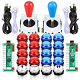 Fosiya LED Arcade Joystick Buttons Kit Ellipse Oval Style 8 Ways Joystick + 20 x LED Arcade Buttons for 2 Player Video Games Standard Controllers All Windows PC MAME Raspberry Pi Red + Blue Kits