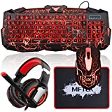 Gaming Keyboard and Mouse Combo with Headset, MFTEK Crack Backlit 3 Colors Keyboard, Wired Gaming Mouse, Lighted Gaming Headset with Microphone Set, 50mm Speaker Driver + Mouse Pad for PC Games