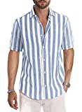 JMIERR Men's Casual Short Sleeve Button-Down Shirts Cotton Linen Texture Striped Business Dress Shirts Beach Shirt for Men,US 37.5(S),Sky Blue