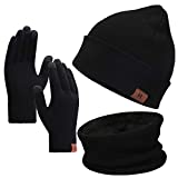 Winter Men Beanie Hat, Scarf, Touch Screen Gloves, 3 Pieces Winter Warm Clothing Set For Men, Black, One Size