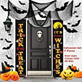 Halloween Decorations Outdoor, 17 PCS Set, 2 PCS Halloween Signs for Front Door Decoration/ Porch Welcome Banners, 12 PCS 3D Black Bats, 3 PCS Black Creepy Cloth, Indoor Halloween Home Decor