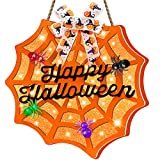 [Lighted & Timer ] Prelit Happy Halloween Wreath Spider Web Sign for Front Door Decorations Orange Lights Battery Operated Wood Hanging with 3D Spiders Halloween Decor Outdoor Indoor Home Porch