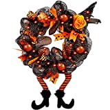 yosager Halloween Wreaths, Halloween Decorations Witch Hat and Legs Wreath, Lighted with 30 LED Orange Lights, Front Door Wall Light up Wreath Ornaments Holiday Party Thanksgiving Decor