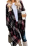 VIMPUNEC Women Boho Buffalo Plaid Poncho Pashmina Shawl Wrap Cape Sweater Knitting Cardigan with Tassel Red