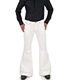 Men's Relaxed Vintage 60s 70s Bell Bottom Stretch Fit Classic Comfort Flared Flares Retro Leg Disco Denim Jeans Pants, White, Small