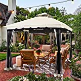 10x10 Patio Gazebo with Mosquito Netting and Sand Bag - Aluminum Pole & Polyester Top, Fireproof Enclosure & Waterproof Screen Tent, Garden Pavilion for Patio, Backyard, Lawn (Cream)