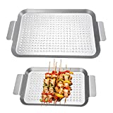 Grill Basket Set of 2 - Nonstick Grilling Tray Durable Grill Pans with Holes for Outdoor Grill Small and Big Topper Baskets BBQ accessories for Vegetable, Fish, Meat, Seafood 11"x7" & 14"x10"
