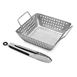 NEVRY BBQ Grill Basket and Tongs - Stainless Steel Silver - Medium Size Tray with High Sides - Outdoor Barbecue Grilling for Vegetables, Meat, and Shrimp - Comes with Spring Loaded Tongs