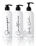 Alora 16oz Reusable Shampoo and Conditioner Bottles - Set of 3 - Easy to Read Labels - Pump Bottle Dispenser for Shampoo, Conditioner, Body Wash - Empty Plastic Refillable Containers for Shower