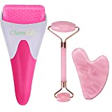 Rose Quartz & Ice Roller + Gua Sha Massager Tool Set for Face & Eyes by Charmlily, Puffiness, Reduce Wrinkle Aging, Migraine, Pain Relief on Neck & Body, Cold Facial Original Natural Stone - 3 in 1