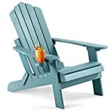 Luxspire Folding Adirondack Chair, Weather Resistant Adirondack Chair Outdoor, Poly Fire Pit Chair with Cup Holder, Plastic Lounge Chair for Patio Campfire Porch Garden Backyard Lawn Seating, Blue