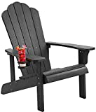 hOmeHua Hard Plastic Adirondack Chair Weather Resistant with Cup Holder, Imitation Wood Stripes, Easy to Assemble & Maintain, Outdoor Chair for Patio, Backyard Deck, Fire Pit & Lawn Porch - Black