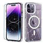 Meshine Magnetic for iPhone 14 Pro Max Case Clear Glitter [Compatible with MagSafe], [with 2 Screen Protector], Crystal Shockproof Hard Back Soft Slim Protective Case for iPhone 14 Pro Max 6.7 inch