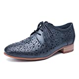 Mona flying Women's Leather Perforated Lace-up Saddle Oxfords Brogue Wingtip Derby Shoes Blue