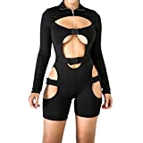 Black Romper for Women Sexy Bodycon Jumpsuit Buckle Hollow out Long Sleeve Biker Short Clubwear Black M