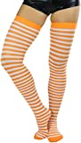 ToBeInStyle Women's Striped Two Tone Thigh Hi Stockings (White w/Orange Stripes)