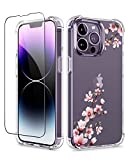 Clear Floral Case for iPhone 14 Pro Max 6.7 Inch, Soft & Flexible TPU Shockproof Protective Cover Case for Women Girls Floral Pattern iPhone 14 Pro Max Case with Screen Protector (Peach Blossom)