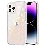 Tksafy Compatible iPhone 14 Pro Max Case, Clear Glitter Cute Laser Holographic Love Heart Pattern for Women Girls, Anti-Yellow Hard PC Protective Phone Cover for iPhone 14 Pro Max 2022, Rainbow Heart