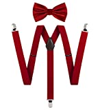 TIE G Solid Color Men's Suspender + Woven Bow Tie Set for Wedding : Vivid Color, Adjustable Brace, Strong Enhanced Clip, Elastic Band (Scarlet Red)