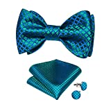 DiBanGu Silk Turquoise Plaid Bow tie for Men Jacquard Solid Teal Self Bowtie Pocket Square Cufflinks Set Classic