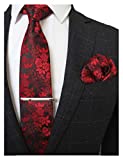 JEMYGINS Silk Red Floral Necktie and Pocket Square, Hankerchief and Tie Bar Clip Sets for Men (1)