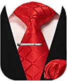 JEMYGINS Plaid Red Tie and Pocket Square Hankerchief Mens Silk Necktie with Tie Clip Sets(7)