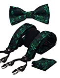GUSLESON Mens Suspenders with Clips Green Flora Pre-Tied Adjustable Bow tie Pocket Square Set(0102-10)