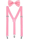Suspender Bow Tie Set Clip On Y Shape Adjustable Braces, 80s Suspenders Shoulder Straps for Halloween Cosplay Party(Pink)